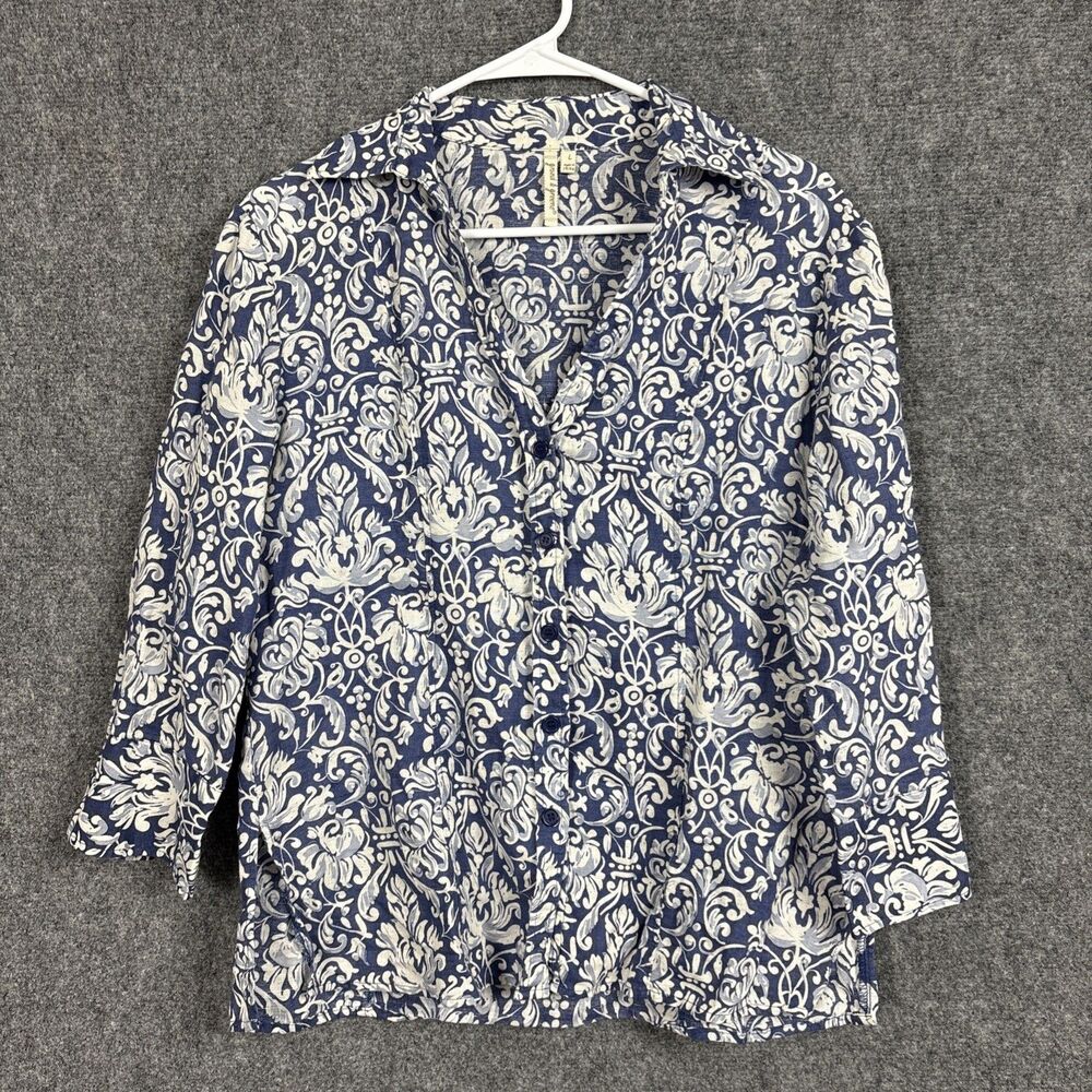 Grand & Greene Linen Blend Top Blouse Womens Size L Blue Floral Natural